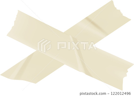 Two pieces of beige masking tape are crossing each other, forming an X shape against a white background, creating a simple yet visually striking image 122012496