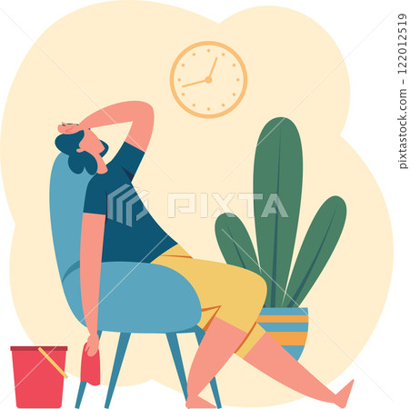 Tired young woman sitting on chair with cleaning cloth and bucket, taking break from housework, feeling exhausted and overwhelmed by domestic chores 122012519