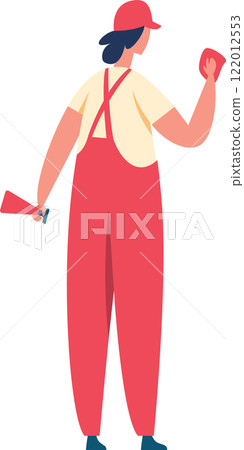 Female gas station worker wearing red overalls and cap cleaning windshield with spray bottle and cloth, seen from behind, full length portrait on white background 122012553