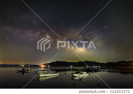 Spring starry scenery in Setouchi: Scorpio and the Milky Way in the sky above a fishing port 122012572