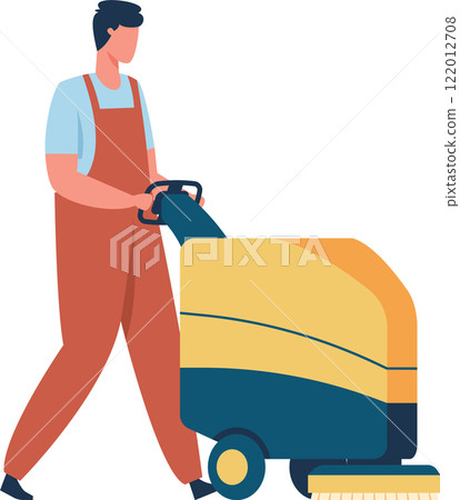 Cleaning service worker using scrubber drier machine pushing cleaning cart with brush and bucket cleaning floor in office building cleaning company concept 122012708