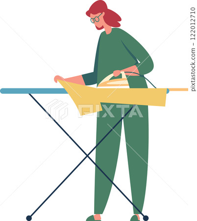 Redhead woman wearing glasses and casual clothes using an iron to smooth out wrinkles on a yellow cloth on an ironing board, household chores concept Redhead woman wearing glasses and casual clothes using an iron to smooth out wrinkles on a yellow cloth on an ironing board, household chores concept 122012710