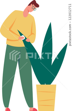 Gardener cleaning dust from houseplant leaves, wiping and spraying indoor plants, nurturing greenery in an apartment, and enjoying the rewarding hobby of plant care and maintenance Gardener cleaning dust from houseplant leaves, wiping and spraying indoor plants, nurturing greenery in an apartment, and enjoying the rewarding hobby of plant care and maintenance 122012711