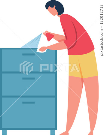 Housekeeper spraying disinfectant on furniture while wiping surfaces with a cloth, maintaining cleanliness and hygiene in both home and office environments for optimal health and safety 122012712