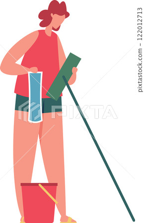 Cleaning service worker preparing cleaning tools for washing windows and other surfaces, holding a rag and a glass wiper with a bucket at her feet Cleaning service worker preparing cleaning tools for washing windows and other surfaces, holding a rag and a glass wiper with a bucket at her feet 122012713