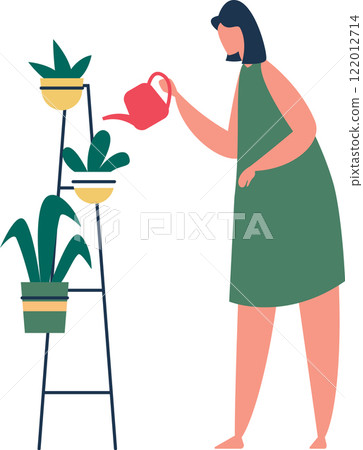 Young woman in a green dress nurturing houseplants on a metal rack, using a pink watering can to care for her indoor garden, creating a vibrant and relaxing home atmosphere Young woman in a green dress nurturing houseplants on a metal rack, using a pink watering can to care for her indoor garden, creating a vibrant and relaxing home atmosphere 122012714