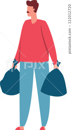 Man taking out two garbage bags, cleaning and recycling concept, volunteering and social work, cleaning service, separate waste collection, environmental protection, vector illustration Man taking out two garbage bags, cleaning and recycling concept, volunteering and social work, cleaning service, separate waste collection, environmental protection, vector illustration 122012720
