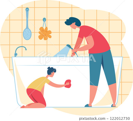 Father rinsing bathtub with shower head while son wiping it with sponge, family doing housework together, man and child performing domestic chores, bathroom interior with tiled walls 122012730