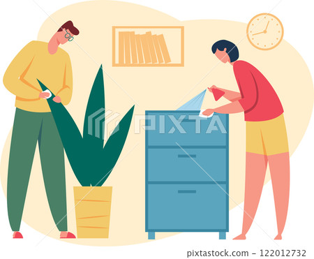 Man and woman performing house chores, cleaning and disinfecting surfaces, wiping dust from houseplant leaves and spraying and wiping furniture drawers Man and woman performing house chores, cleaning and disinfecting surfaces, wiping dust from houseplant leaves and spraying and wiping furniture drawers 122012732