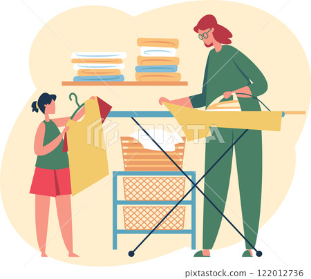 Mother ironing clothes on ironing board and daughter hanging clean laundry on clothes rack. Family doing housework together. Household chores. Housekeeping. Home duties. Routine domestic work concept 122012736