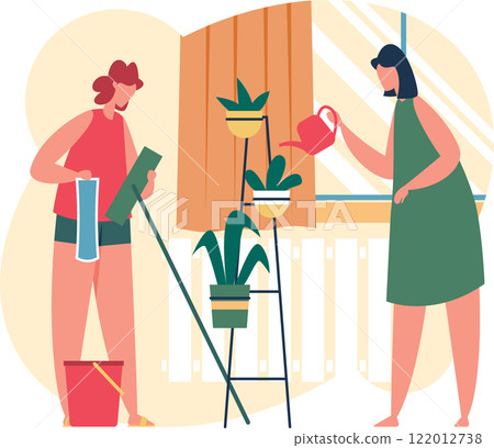 Two women are doing housework, one is cleaning windows with a squeegee and a bucket of water, while the other is watering plants on a metal rack Two women are doing housework, one is cleaning windows with a squeegee and a bucket of water, while the other is watering plants on a metal rack 122012738