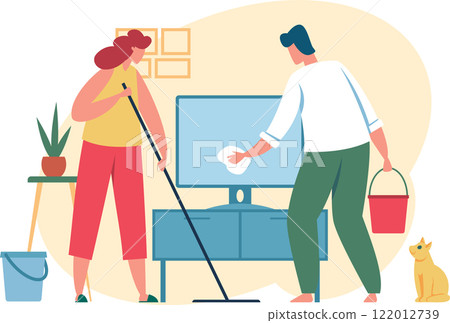 Man and woman are cleaning the living room together, the woman is mopping the floor and the man is cleaning the tv screen with a rag, a yellow cat is watching them Man and woman are cleaning the living room together, the woman is mopping the floor and the man is cleaning the tv screen with a rag, a yellow cat is watching them 122012739