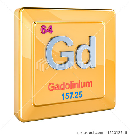 Gadolinium Gd, chemical element sign with number 64 in periodic table. 3D rendering 122012746