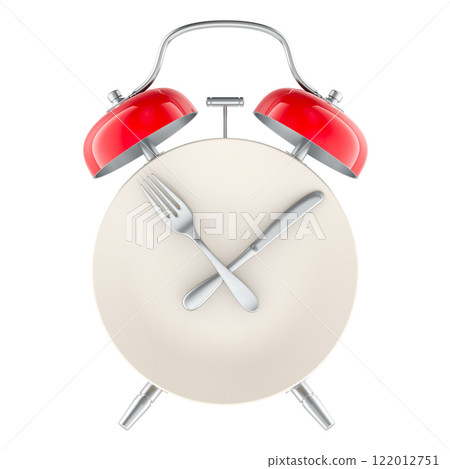 Intermittent fasting, lunchtime, diet and weight loss, concept. Dinner Plate with fork and knife as alarm clock. 3D rendering 122012751