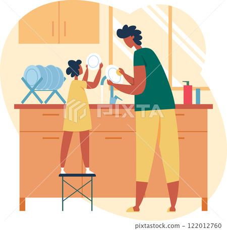 Father and daughter washing dishes together in a modern kitchen, fostering family bonding and shared responsibility while enjoying quality time and creating lasting memories 122012760