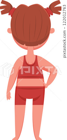 Rear view of a girl in a vibrant red swimsuit, hands resting by her sides with one playfully on her hip, hair styled in cute pigtails, enjoying a sunny day 122012763