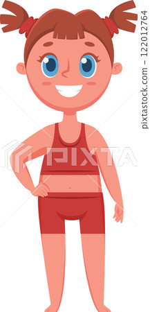 Cheerful little girl with pigtails and sparkling blue eyes, wearing bright red underwear and beaming with joy, embodies a playful and innocent spirit in her expression 122012764