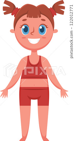Full length illustration of a happy cartoon girl wearing a red sports bra and shorts, smiling with pigtails and open arms, isolated on a white background 122012771