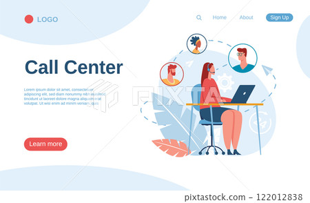 Call center operator providing support to customers, answering their questions and resolving issues using laptop and headset, ensuring efficient communication and customer satisfaction 122012838