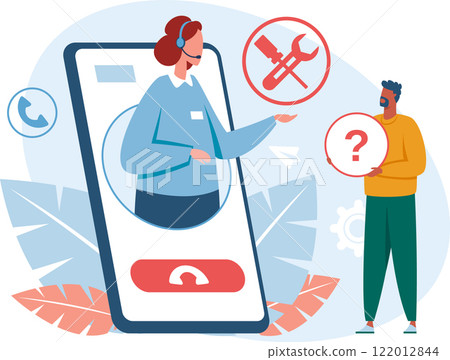 Customer service agent assisting a client by demonstrating settings and repair options within a mobile app, addressing inquiries for online support and troubleshooting needs 122012844