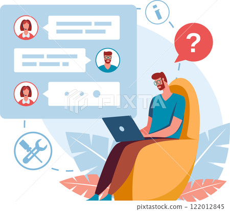 Customer sitting in armchair and using laptop is chatting with customer service, asking question and receiving technical support from operators 122012845