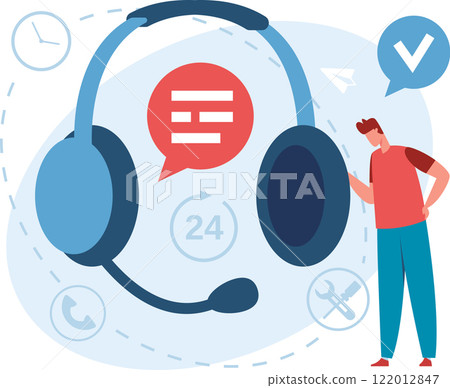 Headset with microphone and speech bubble representing online support and customer service operator ensuring 247 availability for technical assistance and problem solving 122012847