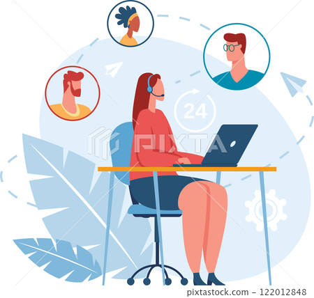 Friendly female call center agent providing 24h online customer service, using laptop and headset, talking with clients, sending and receiving emails, solving problems and giving support Friendly female call center agent providing 24h online customer service, using laptop and headset, talking with clients, sending and receiving emails, solving problems and giving support 122012848