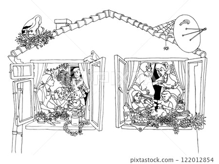 Vector drawing. Two different neighboring families in one house 122012854