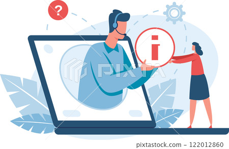 Online support operator with headset working with laptop and providing information to customer asking help, online information, technical support, call center, frequently asked questions concept Online support operator with headset working with laptop and providing information to customer asking help, online information, technical support, call center, frequently asked questions concept 122012860