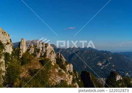 Panoramic view of lakes and surrounding mountains near town of Lecco 122012873