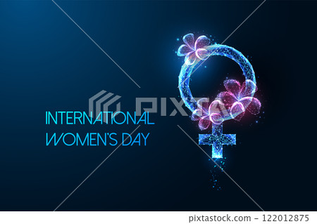 International Womens Day concept web banner with glowing female symbol decorated with flowers International Womens Day concept web banner with glowing female symbol decorated with flowers 122012875