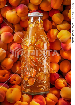 apricot juice in bottle around ripe abandoned apricots background. Digital artwork. Ai generated 122012948