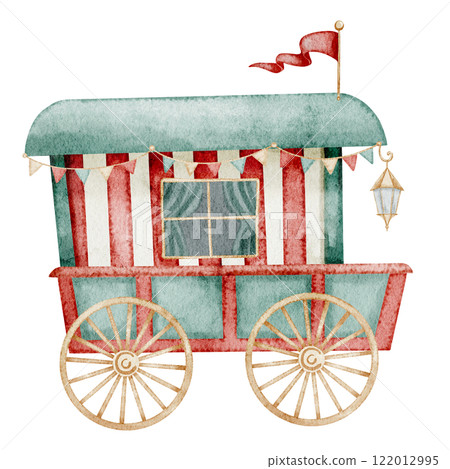 Watercolor illustration of a Circus Cart featuring red and green stripes, garlands and flag. Drawing of vintage Carnival Wagon for childish greeting cards or kids invitations. Object for menagerie. 122012995