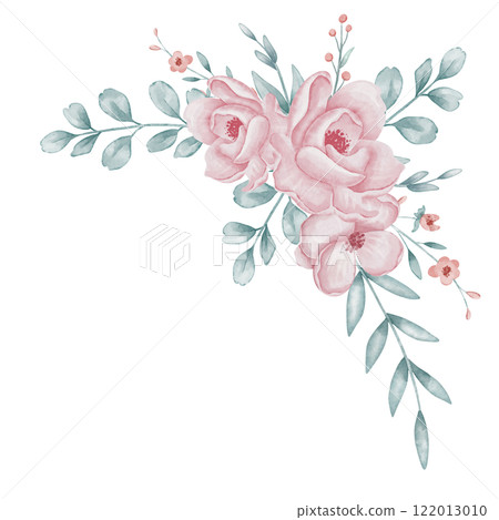 Watercolor floral composition with pink Flowers and green leaves. Illustration for wedding invitations or childish greeting cards. Botanical drawing in pastel colors. Corner with plant for frame. 122013010