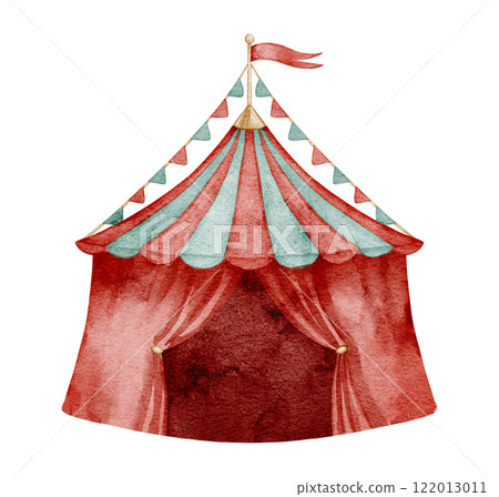 Watercolor illustration of a classic vintage Circus Tent with red and green stripes, bunting, and a festive flag. Drawing of carnival big top for children greeting cards or retro baby party invitation Watercolor illustration of a classic vintage Circus Tent with red and green stripes, bunting, and a festive flag. Drawing of carnival big top for children greeting cards or retro baby party invitation 122013011
