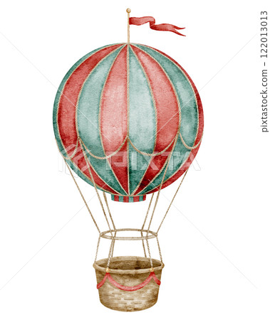 Watercolor illustration of vintage hot air Balloon in red and green with a wicker basket. Drawing of retro airship for Circus design. Art of aerostat for Carnival decoration or childish greeting cards Watercolor illustration of vintage hot air Balloon in red and green with a wicker basket. Drawing of retro airship for Circus design. Art of aerostat for Carnival decoration or childish greeting cards 122013013