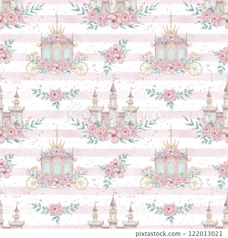 Seamless watercolor Pattern with Princess Carriage and Floral Castle on striped background. Illustration for little girls in pastel pink colors. Ornament with Flowers for wrapping paper or wallpaper. 122013021