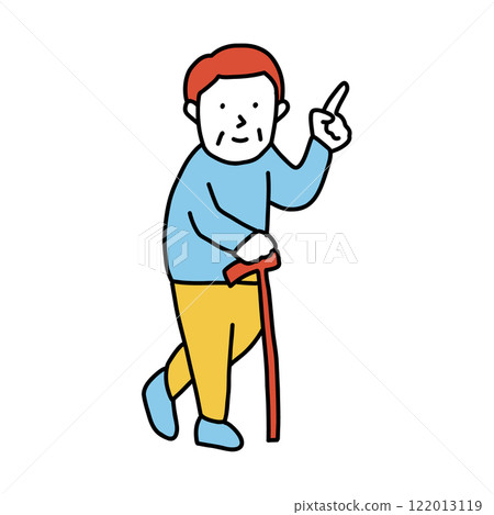 Illustration of a senior man holding a T-shaped cane and pointing his index finger up 122013119