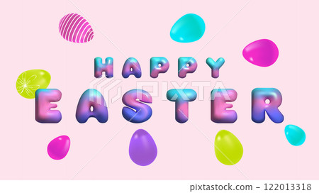 Happy easter 3d Colorful eggs banner design. 3d letters. For Social Media web packaging and advertising. Template postcard invitation poster. Vector illustration. 122013318