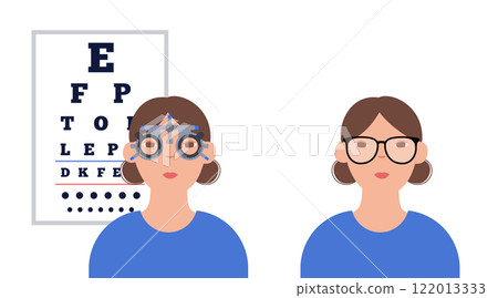 Eyesight examination with ophthalmic trial frame 122013333