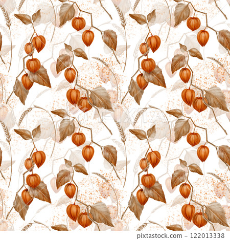 Seamless pattern physalis orange branch with leaves and buds and spikelets of wheat and splashes.Decorative plant element for pumpkin harvest festival and Thanksgiving day.With transparent background 122013338