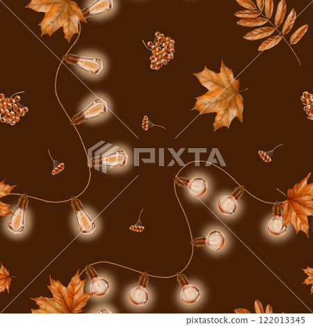 Vintage retro round glowing bulbs garlands,fall leaves and berries of mountain ash,maple in autumn seamless pattern makes a mood of festivity and celebration.Pattern on brown background 122013345