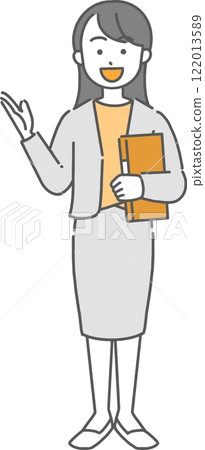 一位年輕女商人/老師用文件指導她的全身插圖 122013589