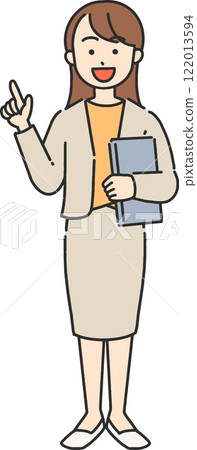 Full-body illustration of a young businesswoman/teacher holding a laptop and pointing 122013594
