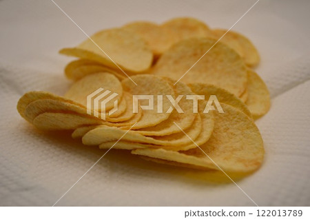 Potato chips lined up Potato chips lined up 122013789