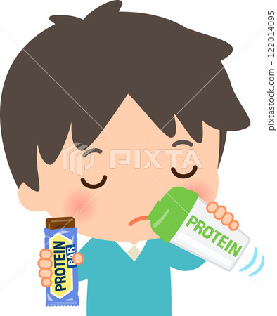 Man drinking a protein shake and eating a protein bar Man drinking a protein shake and eating a protein bar 122014095
