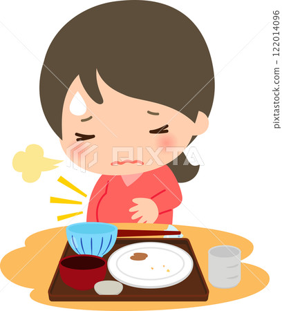 A woman suffering from overeating after finishing a meal 122014096