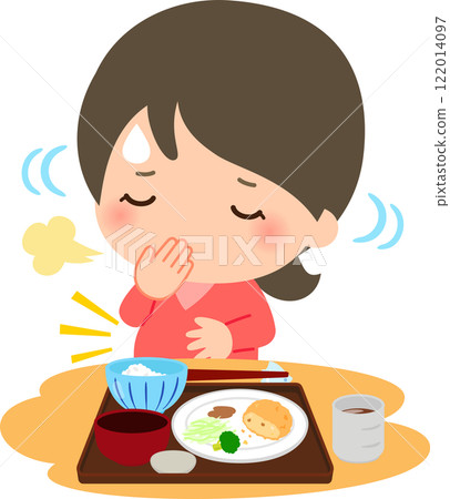 A woman who is full and in pain leaves her meal 122014097
