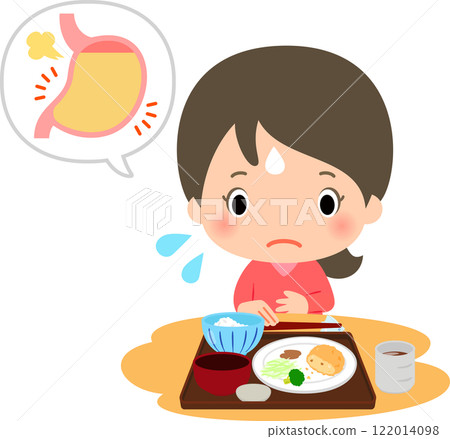 一個女人吃飽了，吃不完，放下了筷子。 122014098