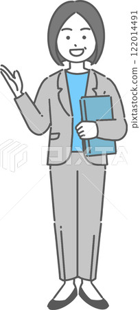 A full-body illustration of a veteran businesswoman/teacher guiding with a laptop 122014491